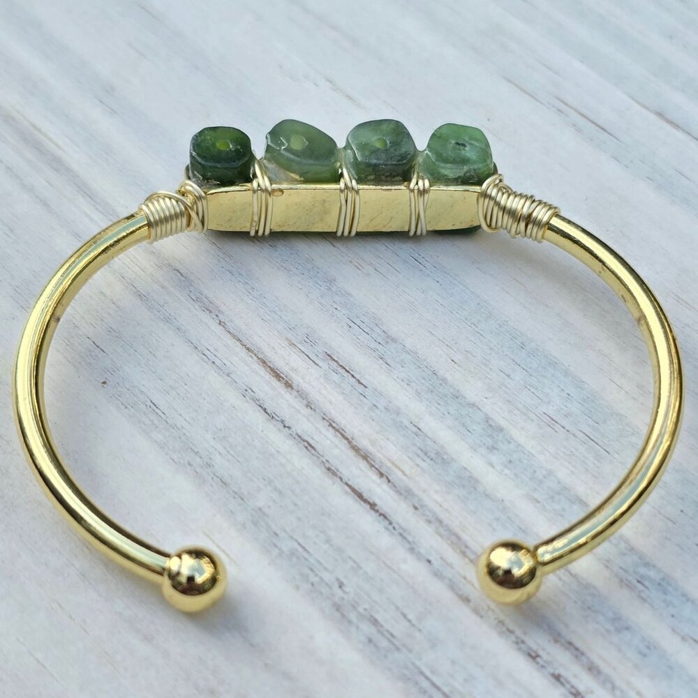 Jade ✦ 4‑Stone Wire Wrap Wisdom Cuff ✦ 14Kt Gold Over Copper Adjustable Talisman - Picture 6 of 13